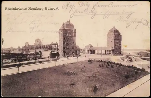 Ansichtskarte Homberg-Duisburg Rheinbrücke 1908  gel. Stempel Homberg