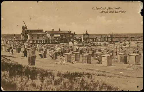 Ansichtskarte Zinnowitz Strand und Seebrücke 1910