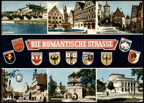 .Bayern Mehrbild-AK DIE ROMANTISCHE STRASSE ua. Würzburg, Nördlingen uvm. 1970
