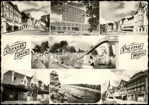 Peine Mehrbild-AK mit Freibad, Straßen, Markt, Rathaus uvm. 1960