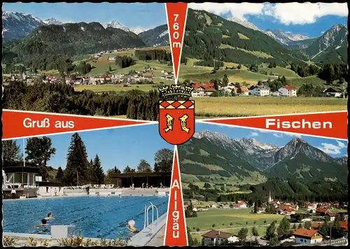 Fischen im Allgäu Mehrbildkarte Ortsansichten u.a. Schwimmbad Freibad uvm. 1974