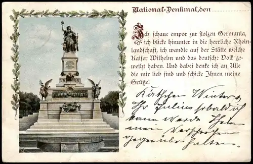 Rüdesheim Rhein Niederwalddenkmal  1901  gel. Ankunftsstempel FFM Sachsenhausen