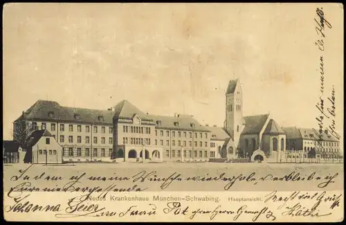 Ansichtskarte Schwabing-München Neues Krankenhaus - Hauptansicht 1912