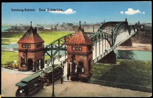 Ansichtskarte Ruhrort-Duisburg Ruhr-Brücke, Straßenbahn 1914