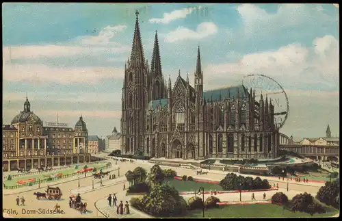 Köln Kölner Dom, Hotel - Künstlerkarte 1907  gel. Briefmarken Lochung M.R.