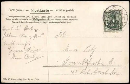 Köln Kölner Dom, Hotel - Künstlerkarte 1907  gel. Briefmarken Lochung M.R.