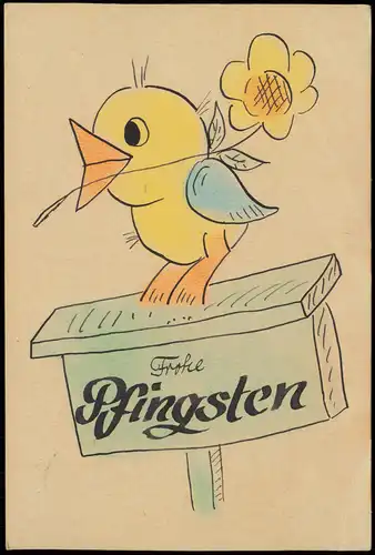 Ansichtskarte  Glückwunsch: Pfingsten, Vogel selbstgemalte Karte 1948