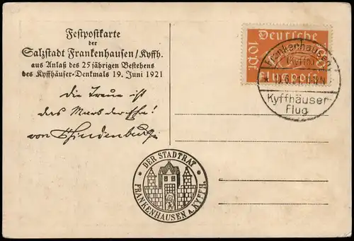 Bad Frankenhausen 25 J.  Denkmal 1921  gel. Flugpost Stempel Kyffhäuser Flug