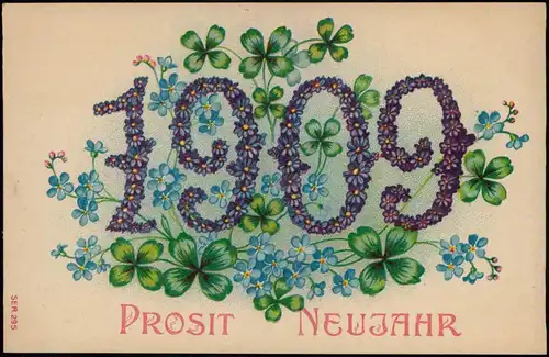 Glückwunsch - Neujahr/Sylvester Zahl aus Feilchen Kleeblätter 1909 Prägekarte