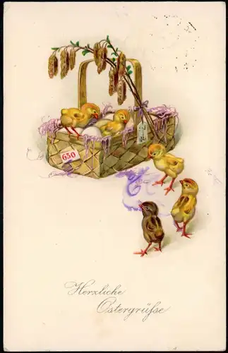 Glückwunsch Ostern / Easter Küken in Korb mit Schnee und Weidenkätzchen 1925