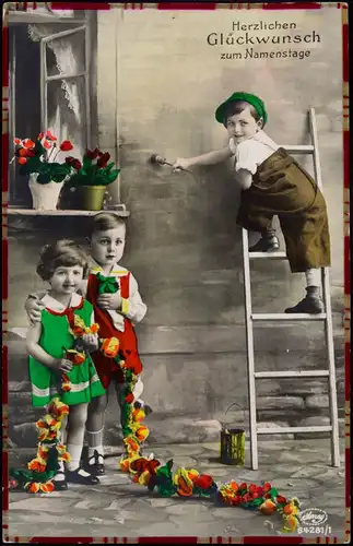 Geburtstag Birthday - Fotomontage coloriertes Foto Kinder beim schmücken 1920