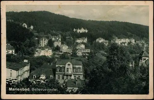 Postcard Marienbad Mariánské Lázně Bellevueviertel 1938  gel. Bahnpoststempel