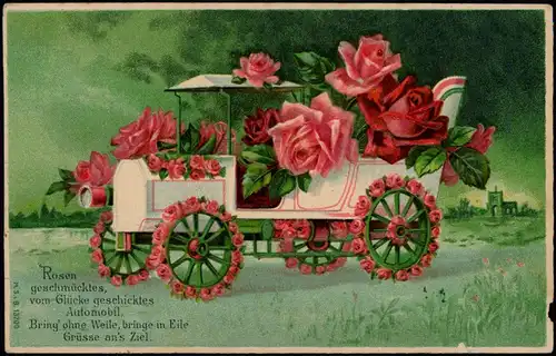 Künstlerkarte - mit Rosen geschmücktes Automobil 1908 Prägekarte