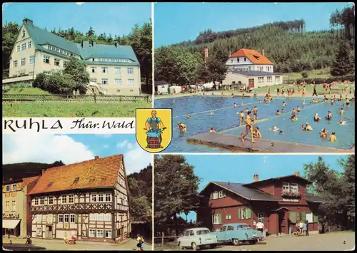 Ruhla DDR Mehrbild-AK mit Kinder-Kurheim, Waldbad, Skihütte 1977