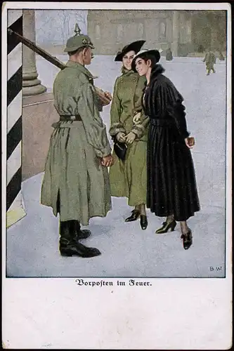 Ansichtskarte  Vorposten im Feuer Frauen Soldat WK1 Künstlerkarte 1916