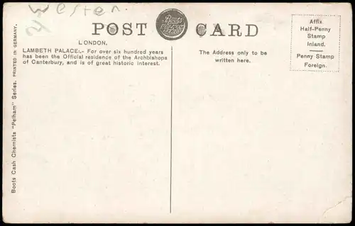 Postcard London Lambeth Palace 1912