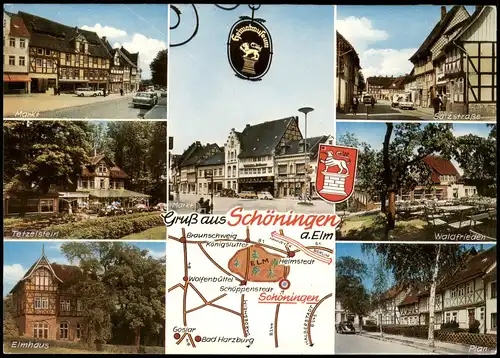 Schöningen (Elm) Mehrbildkarte mit Umgebungskarte u. Ortsansichten 1981