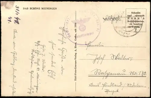 Meiningen Stadt, Märchenbrunnen, Theater MB 1941  gel. Feldpost WK2