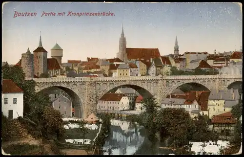 Ansichtskarte Bautzen Budyšin Partie mit Kronprinzenbrücke. 1922