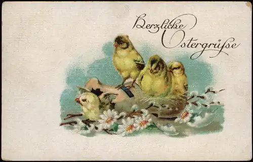 Ansichtskarte  Glückwunsch Ostern / Easter Küken - Kamillenblüte 1927