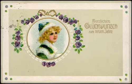 Glückwunsch - Neujahr/Sylvester, Mädchen im Winterpelz 1914 Prägekarte