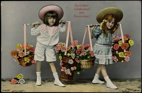 Glückwunsch Geburtstag Birthday Junge und Mädchen Tragen Blumengebinde 1911
