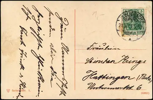 Glückwunsch Geburtstag Birthday Junge und Mädchen Tragen Blumengebinde 1911