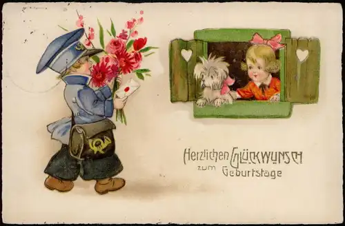 Ansichtskarte  Glückwunsch Geburtstag Birthday Postbote bringt Grüße 1928