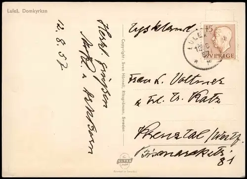 Postcard Luleå Strassen Ansicht mit Kirche Domkyrkan 1957