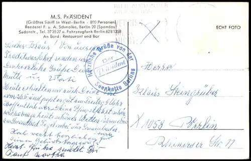 Ansichtskarte Berlin MS President Schiff MB 1964  Bordstempel