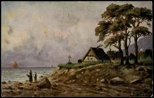 Ansichtskarte  Künstlerkarte Fischerhäuser am Meer 1924