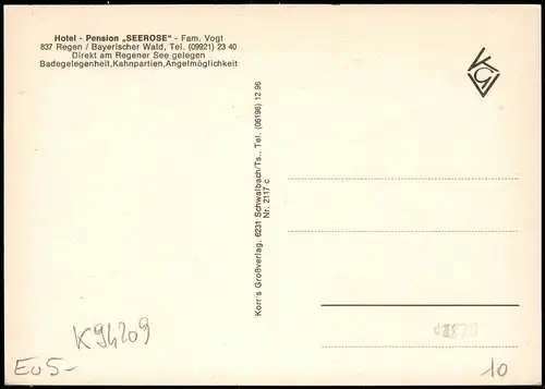 Regen Hotel Pension „SEEROSE" Fam. Vogt / Bayerischer Wald 1960