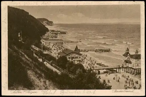 Ansichtskarte Sellin Strand, Restaurant und Seebrücke 1924