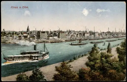 Ansichtskarte Riesa Künstler AK - Panorama mit Dampfern 1918