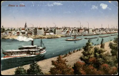 Ansichtskarte Riesa Künstler AK - Panorama mit Dampfern 1918/1917