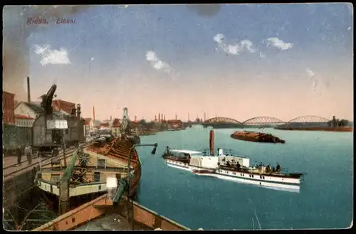 Ansichtskarte Gröba-Riesa Hafen, Dampfer - Elbkai 1918