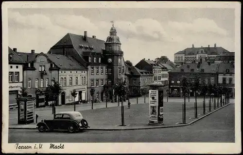 Ansichtskarte Treuen (Vogtland) Marktplatz, Geschäfte - Telefonzelle 1940