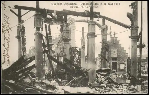 Postkaart Brüssel Bruxelles Expo Feuerkatastrophe 14/15. 8. 1910