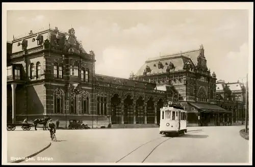 Postkaart Groningen Bahnhof - Station, Straßenbahn 1940