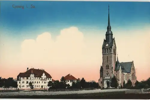 Ansichtskarte Coswig (Sachsen) Straßenpartie Cafe und Kirche 1911