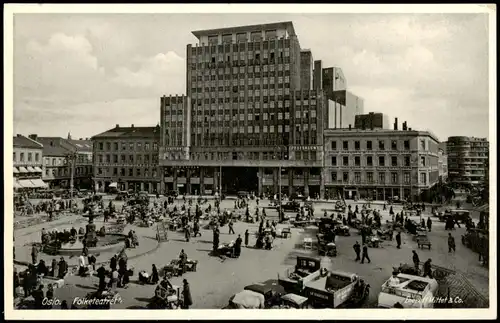 Postcard Oslo Kristiania Folketeatret - Markttreiben 1930