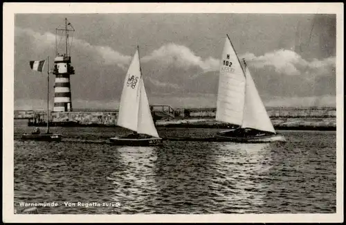 Ansichtskarte Warnemünde-Rostock Mole, von der Regatta zurück 1956