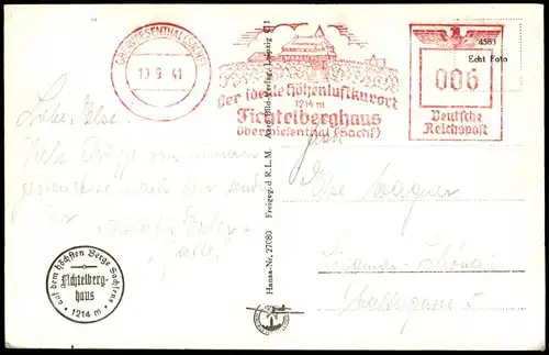 Ansichtskarte Oberwiesenthal Luftbild 1941  gel. Mit Werbe Maschinenstempel