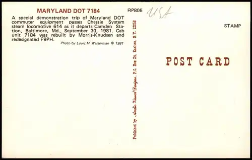 Ansichtskarte  MARYLAND DOT 7184 Eisenbahn Railway USA Amerika 1970