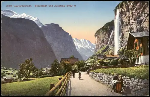 Lauterbrunnen Wasserfall, Blick Staubbach und Jungfrau 4167 m 1910