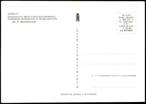 Lublin Uniwersytet Marii Curie-Sklodowskiej Biologicum et Geographicum 1965