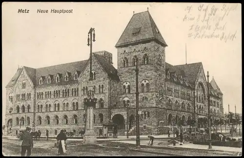 CPA Metz Neue Hauptpost, belebte Straße 1915