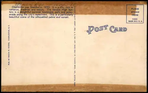 Postcard Charleston Sunset in Battery Park 1923
