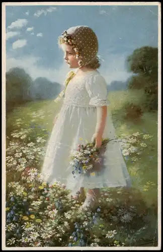 Ansichtskarte  Margaretchen Kinder Künstlerkarte im Blumenfeld 1922