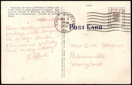 Postcard Macon (Georgia) WESLEYAN CONSERVATORY 1943